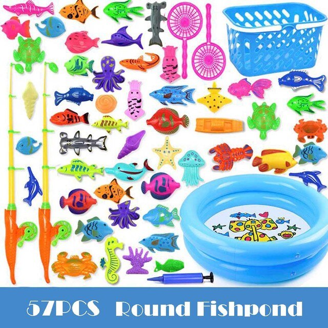 Juego de pesca con imanes para niños, juguetes de agua con imán de piscina inflable, caña de pescar, 15-68 piezas: 57pcs round pool