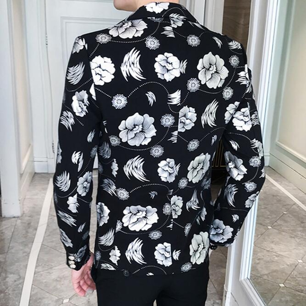Smokings Heren Blazer Jacket Slim Fit Bloemen Pak Trend Afdrukken Bloemen Mode Mannelijke Party Stage Formele Jasje Zilver Goud