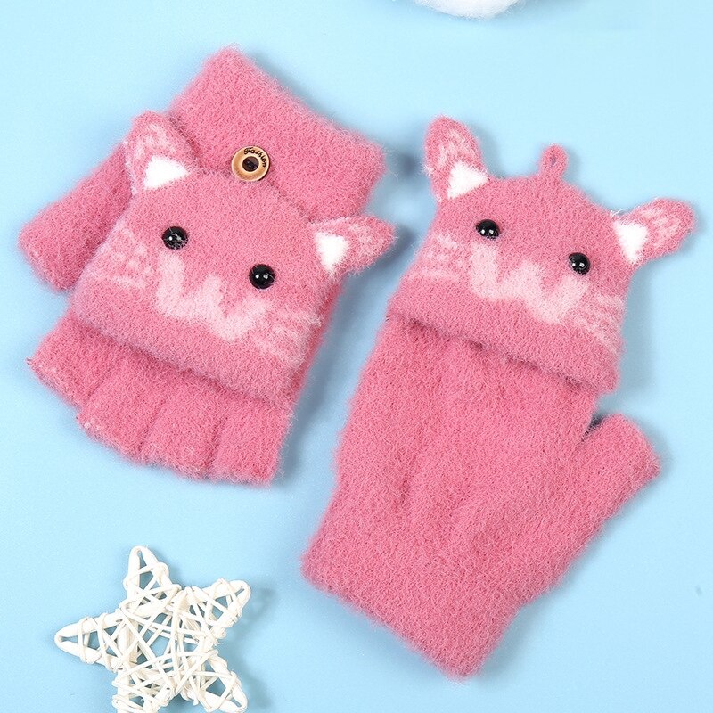 Nette Karikatur Baby Handschuhe freundlicher Winter Gestrickte Fäustlinge Handschuhe Dicke Warme Halb Finger Handschuhe freundlicher Fingerlose Handschuhe für Mädchen: Rose rot