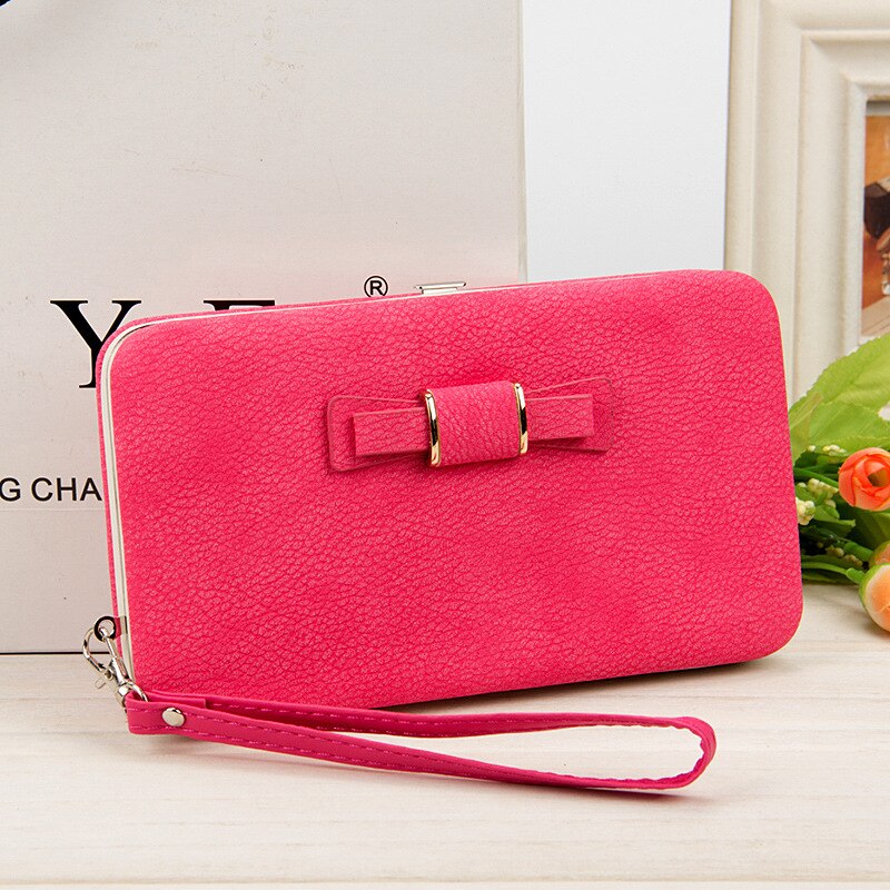 Women Bowknot Wallet Long Purse Phone Card Holder Clutch Large Capacity Pocket: Hot pink