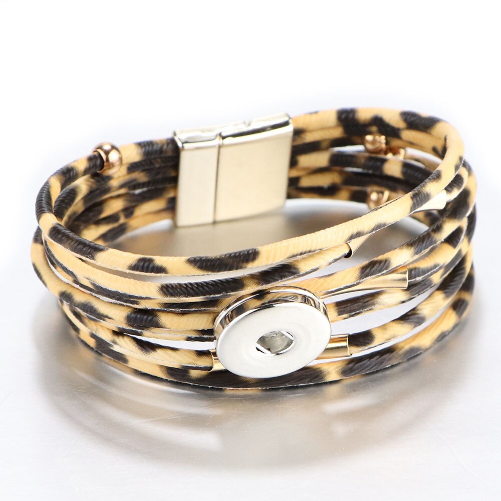 Snap fastener jewelry, 18mm snap fastener bracelets, punk multilayer leather leopard print, magnetic buckle bracelet, bracelet snaps jewelry