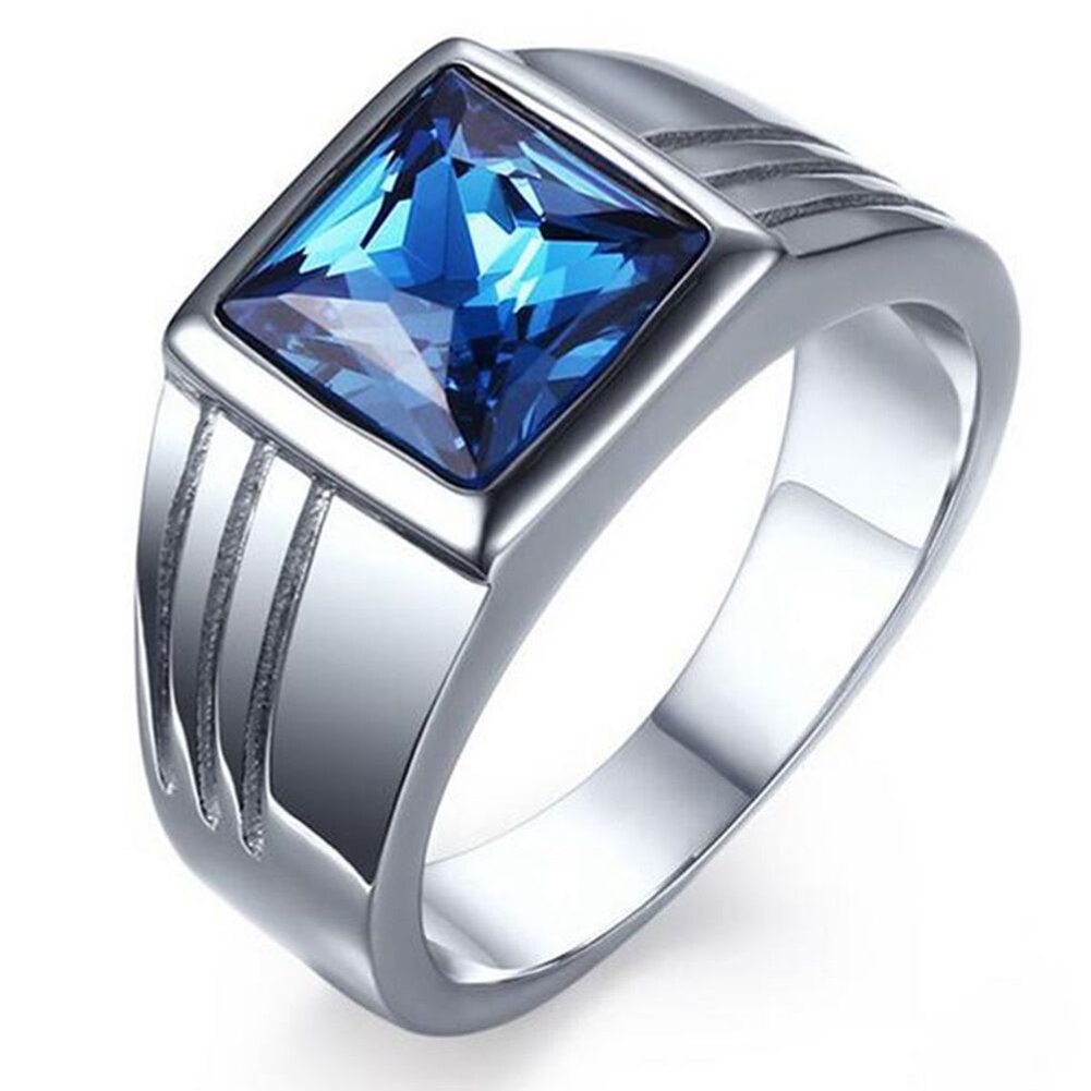 Men's Gorgeous Blue Square Rhinestone Wide Wedding Band Finger Ring Size