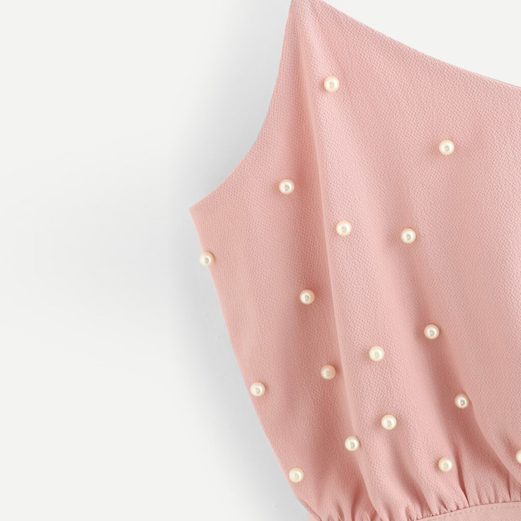 Camiseta sin mangas con cuentas de perlas para mujer, chaleco con correa de pajarita, Tops de gasa, camisetas lisas con cuentas de perlas