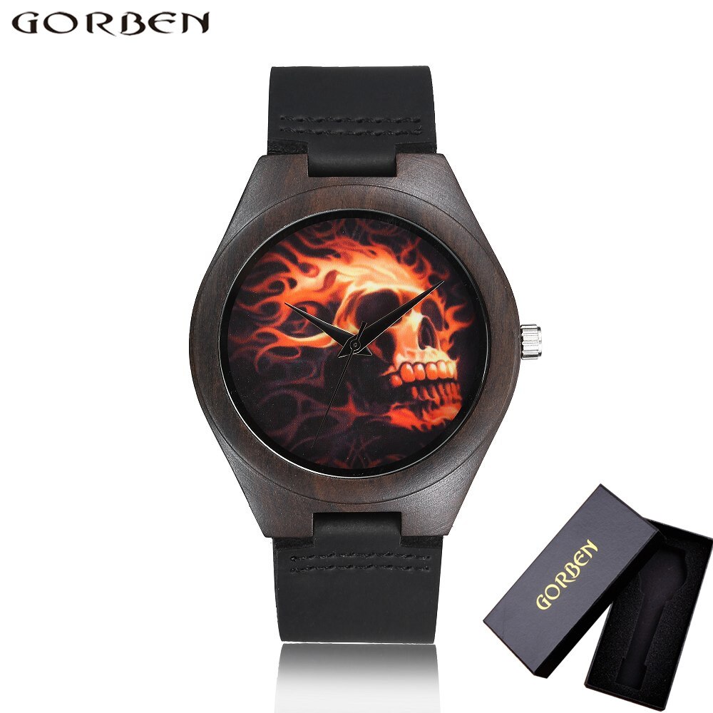 Relojes analógicos de madera para hombre y mujer, Reloj de pulsera de cuarzo con único de calavera, correa de cuero cómoda: W020Box