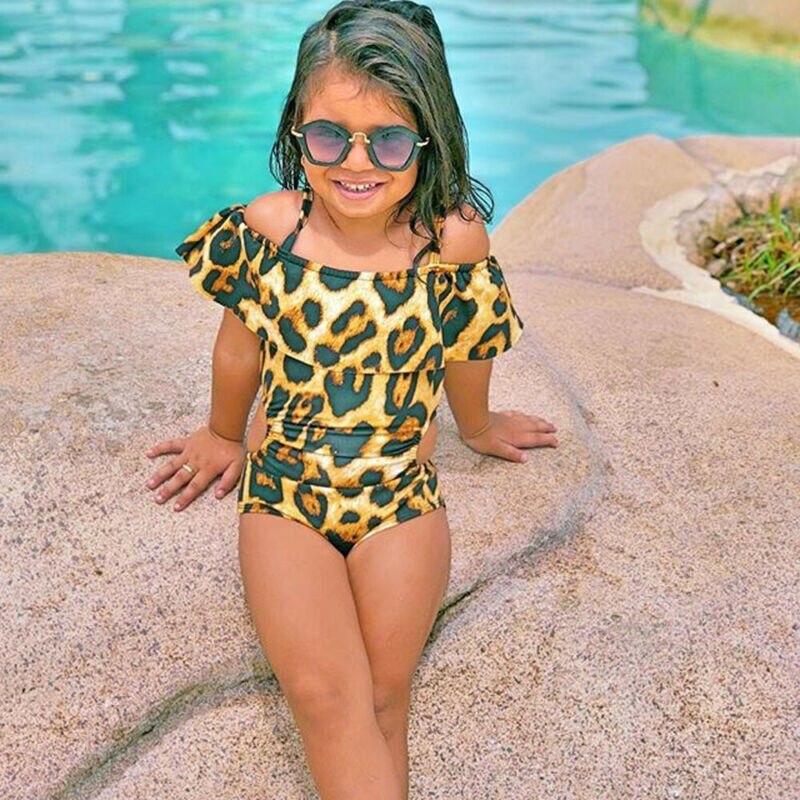 Børn dragter toddler børn baby pige bandage flæse leopard print badetøj badedragt badetøj 1-5y – Grandado