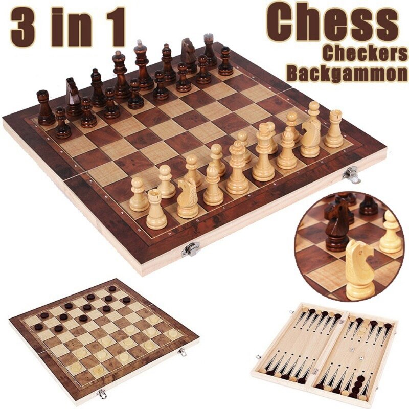 3 IN 1 Wooden International Chess Set Board games Checkers Puzzle Game Engaged，Foldable Chess Board Set with Storage Box