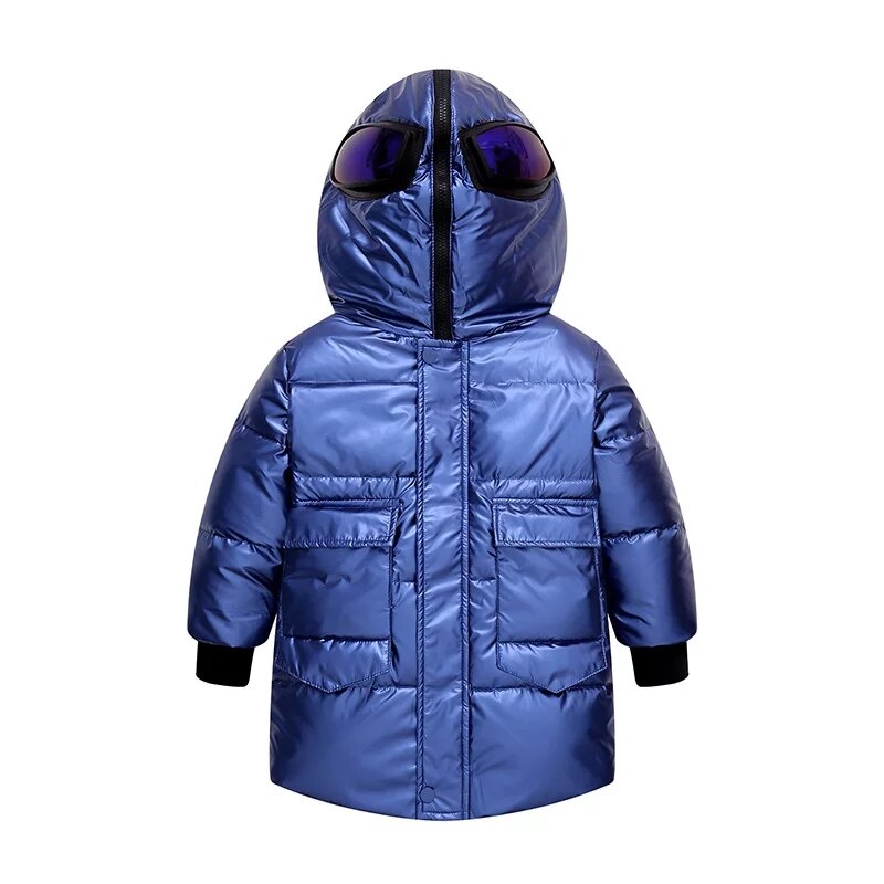 Superman de invierno para niños de 110-160cm, traje de chaquetas de pato blancas, ropa de abrigo acolchada con luz cálida,