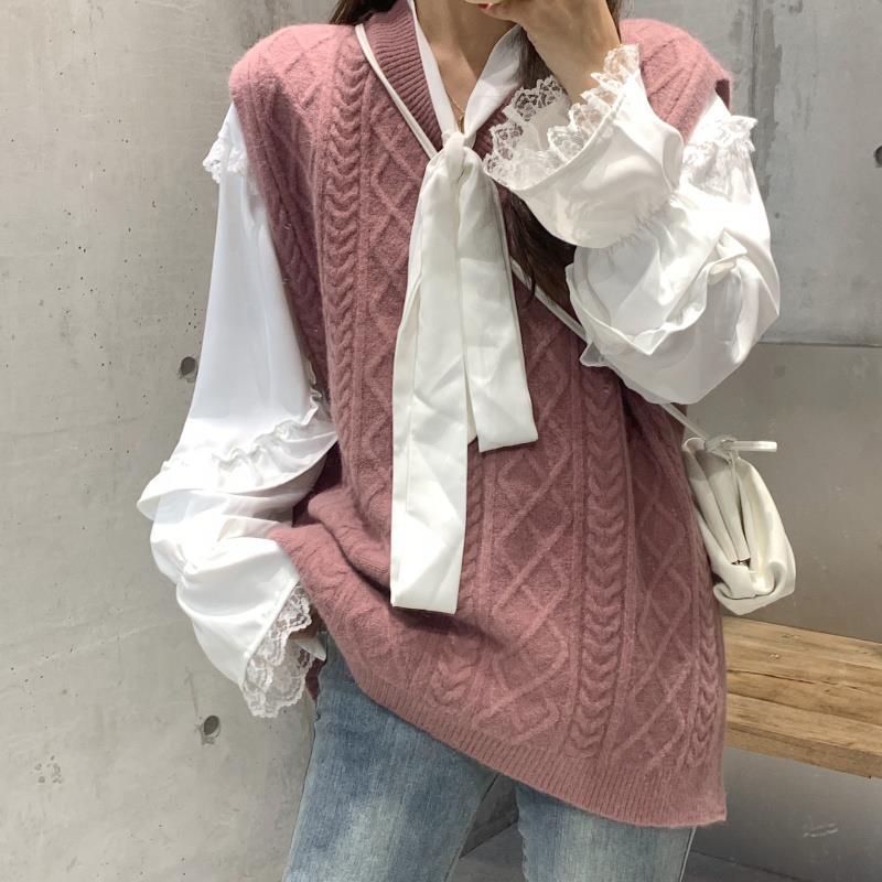 Genser vest rosa plissert svette kawaii studenter høst koreansk fritid løs kvinnelige gensere outwear preppy ins daglig