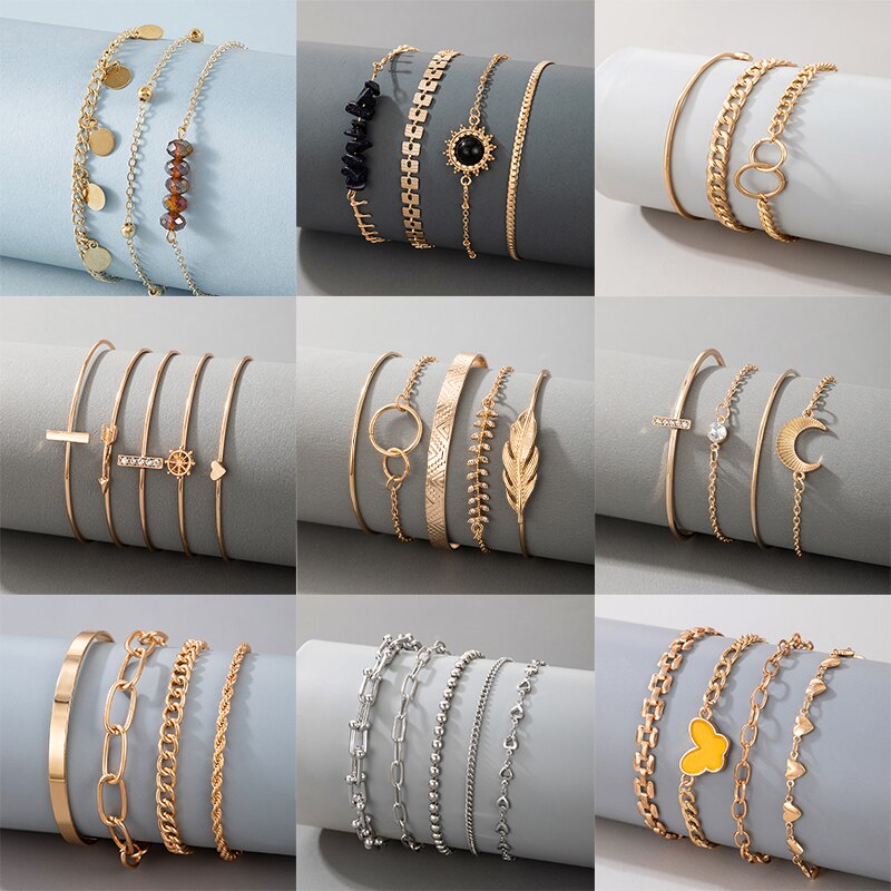 Docona-Conjunto de pulseras de aleación de Metal multicapa para mujer, brazalete bohemio de cristal y piedra media luna, corazón, hoja de árbol, joyería de boda, 9 estilos