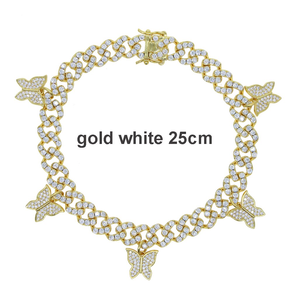 arrived Summer Beach Anklet Foot Leg Jewelry Iced out bling cz cuban chain drip cz butterfly charm anklet jewelry 9" 10": gold white 25cm