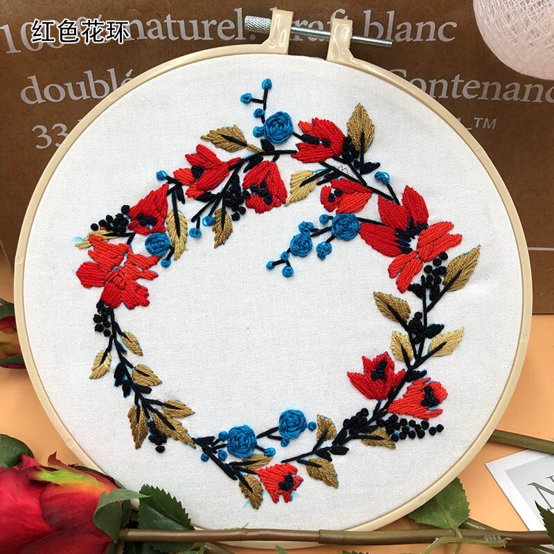 Embroidery Kits Holding Flowers Embroidery Shed Sewing Kit Xmas Wreath Style With Embroidery Hoop Beginner Hand-stitched Decor: 5