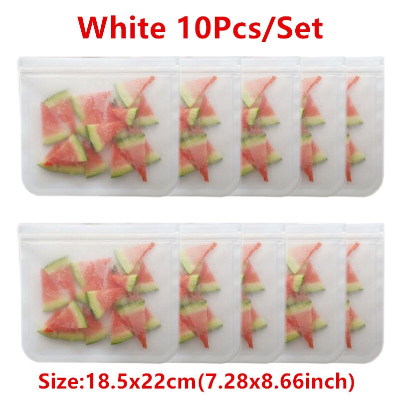 Juego de Bolsas de Silicona para Alimentos, Conjunto de Empaques con Sello, Ideal para Almacenamiento y Conservación Fresca de Frutas y Verduras, Reutilizable, A Prueba de Fugas, Estilo Bolsa Ziploc, 14 Piezas: 10pcs White