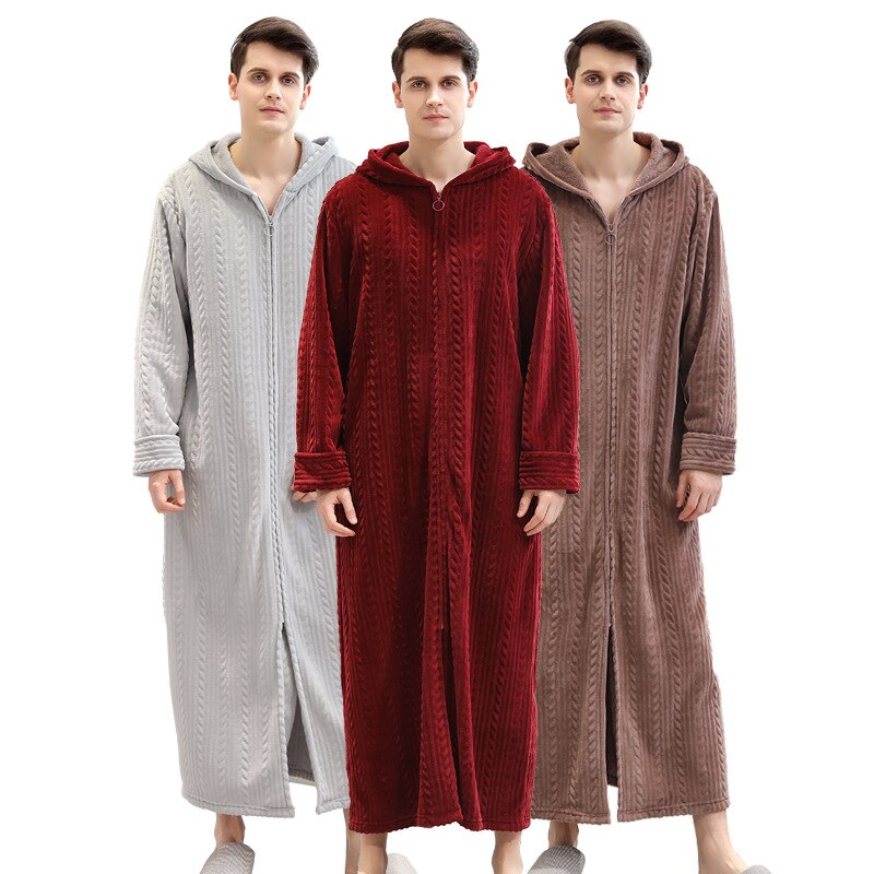 Peignoir Large à capuche pour homme, grande taille, robe de soirée, vêtements d'hiver, flanelle, peluche, fermeture éclair