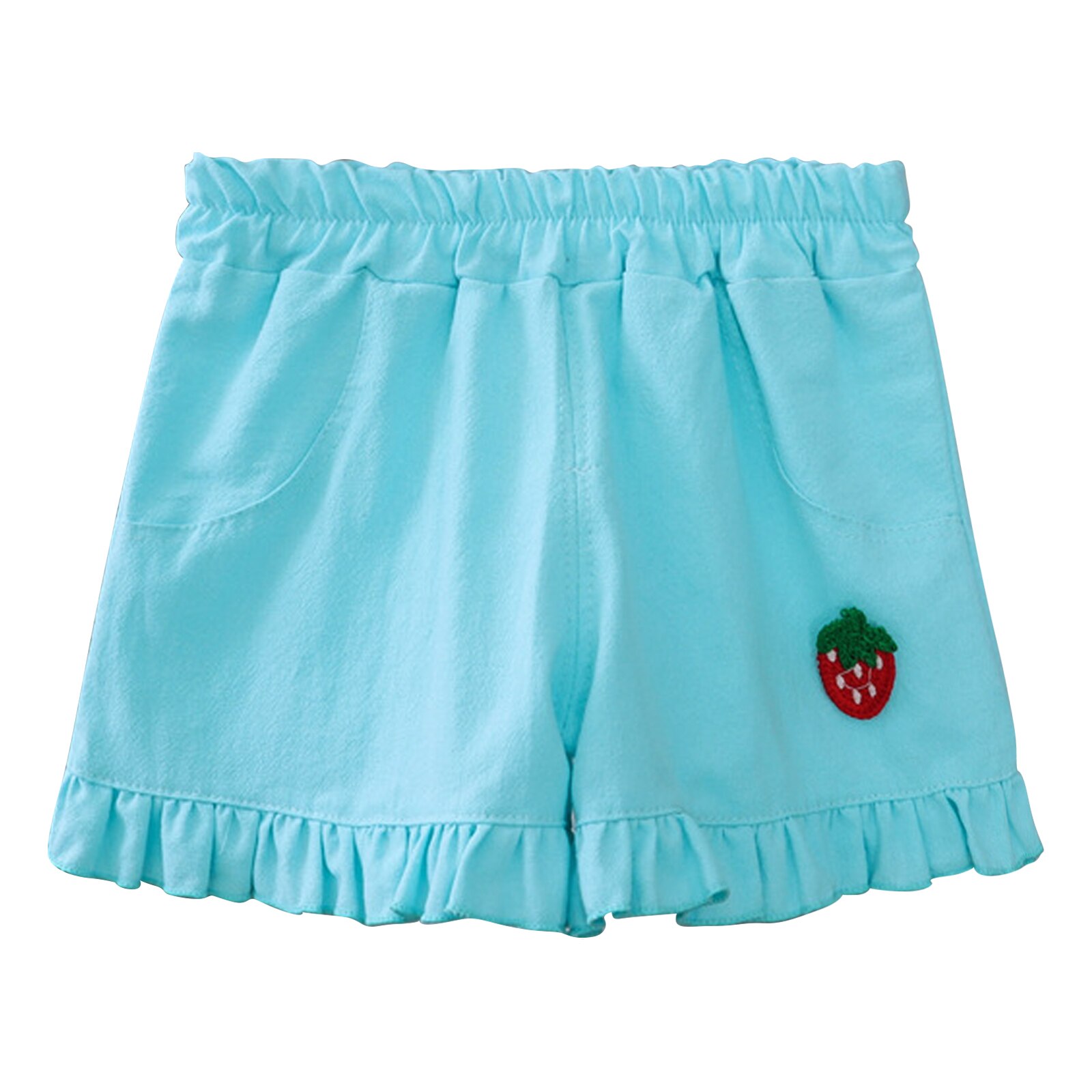 Short à volants pour filles, mignon, décor fraise, taille élastique, garniture à volants, couleur unie, vêtements d'extérieur, pantalons en coton pour un usage quotidien: Blue Strawberry / 110