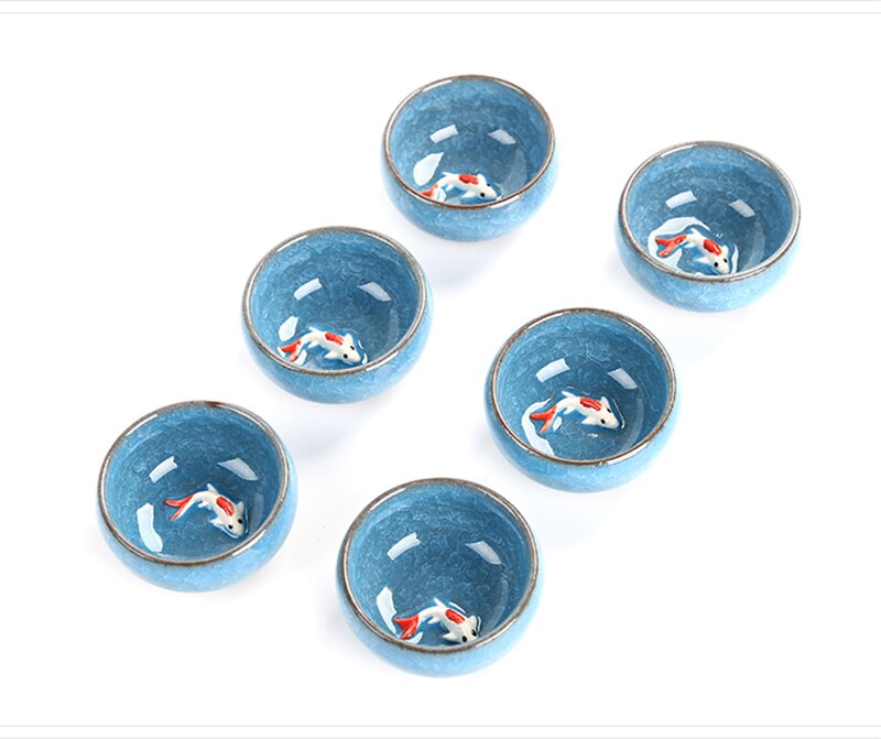 6 stk keramik 3d gyldne fisk kina te kop sæt, crackle glaze rejse te skål kinesisk porcelæn tekop sæt kung fu te sæt