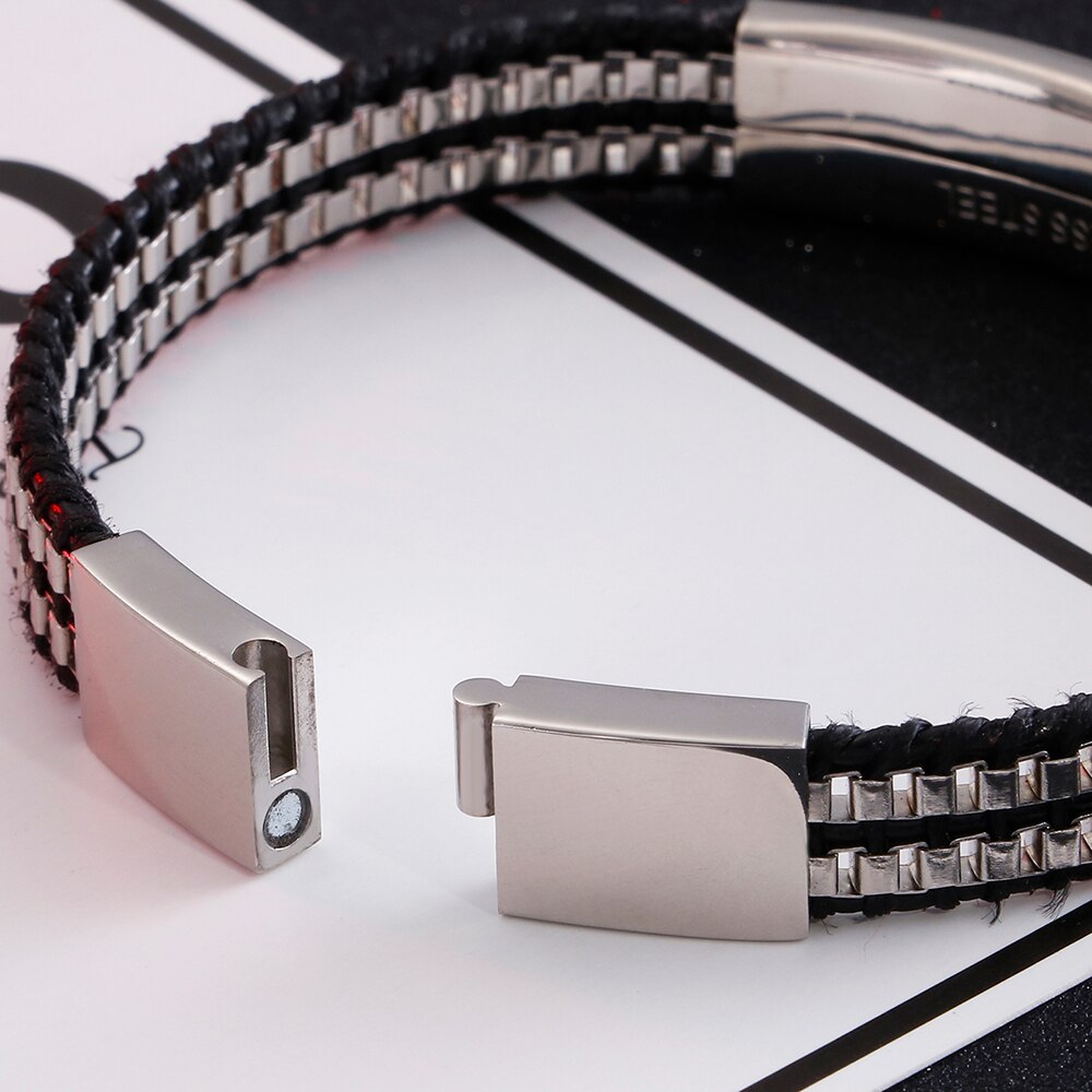 Friendship Bracelets Double Layer Stainless Steel & Leather ID Bracelet For Men Name Logo Engrave Engagement For Boyfriend