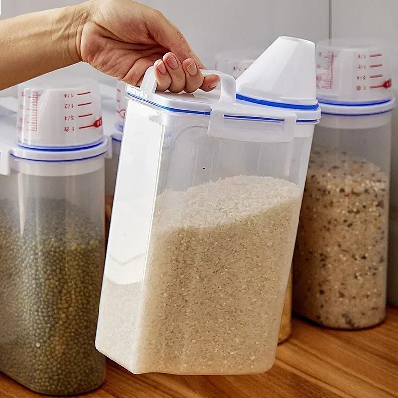 Suministros de cocina, Cubo de almacenamiento de alimentos, tanque de almacenamiento portátil a prueba de humedad de 1,5/2kg con taza a escala, cubo para alimentos, contenedor de plástico