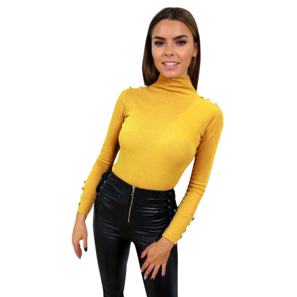 Vrouwen Herfst Winter Solid Knoppen Coltrui Lange Mouwen Slim Dieptepunt Tops Trui Dames Mode Europese T-shirt Casual Top: M / Yellow