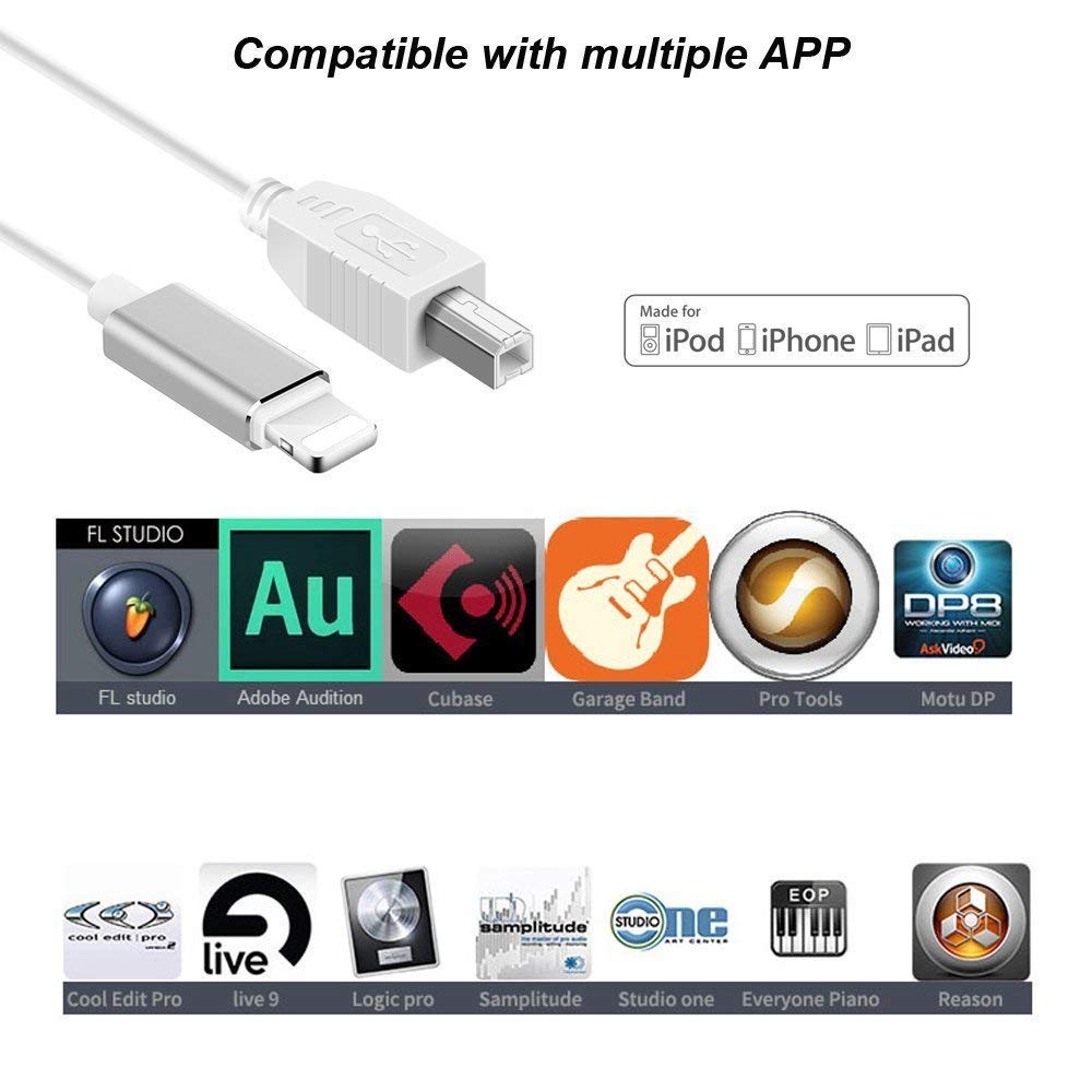 Lightning naar MIDI-kabel USB 2.0 Lightning naar Type B OTG-kabel voor MIDI-toetsenbord, audio-interface, USB-microfoon