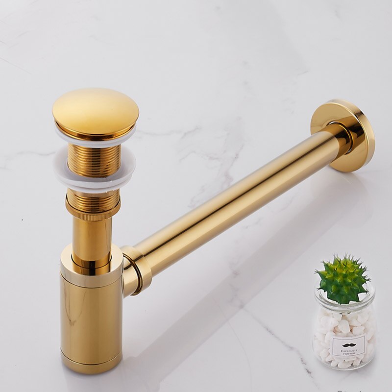 Luxury Gold Bottle Trap Brass Round Siphon Brushed Gold P-TRAP Bathroom Vanity Basin Pipe Waste With Pop Up Drain: Gold NO overflow