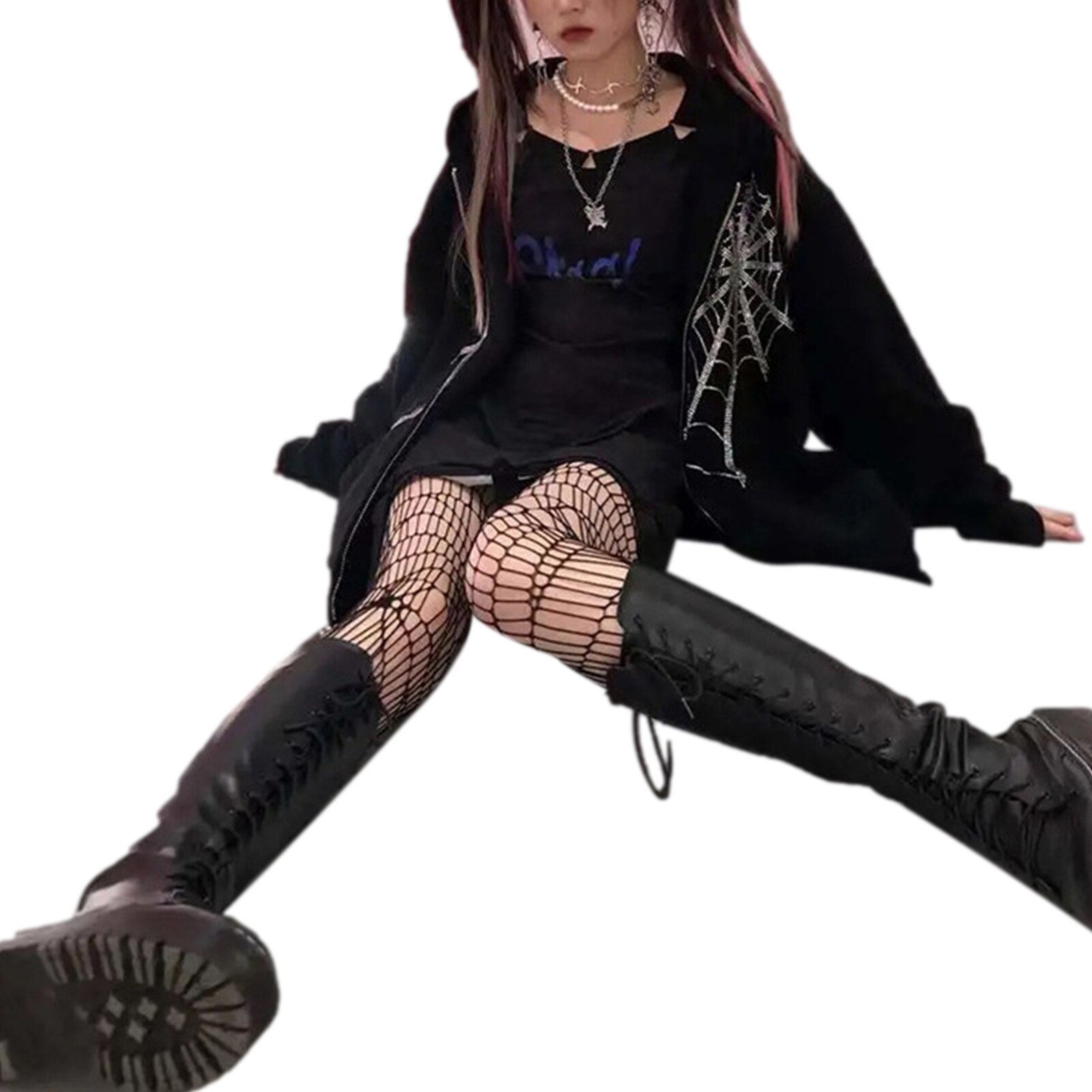 Women Hooded Sweater Adults Rhinestone Spider Web Pattern Long Sleeve Zipper Cardigan with Pocket