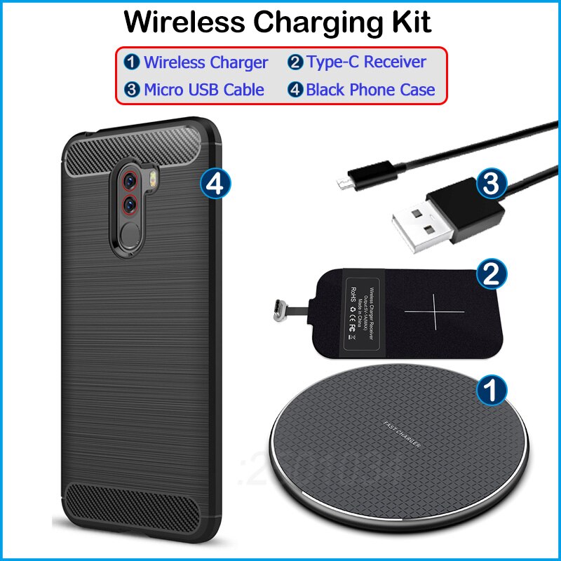 Carga inalámbrica para Xiaomi cargador inalámbrico Qi Pocophone F1 + adaptador de receptor USB tipo C funda suave TPU para Xiaomi POCO F1: Wireless Charger Kit