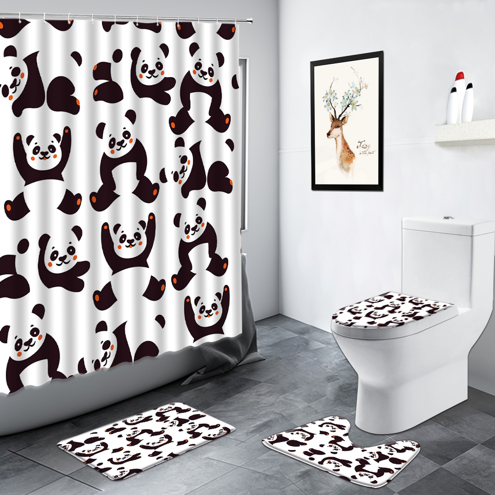 Juego de cortinas de ducha de Panda, alfombra antideslizante de estilo chino de bambú, Animal verde, negro, blanco, divertido