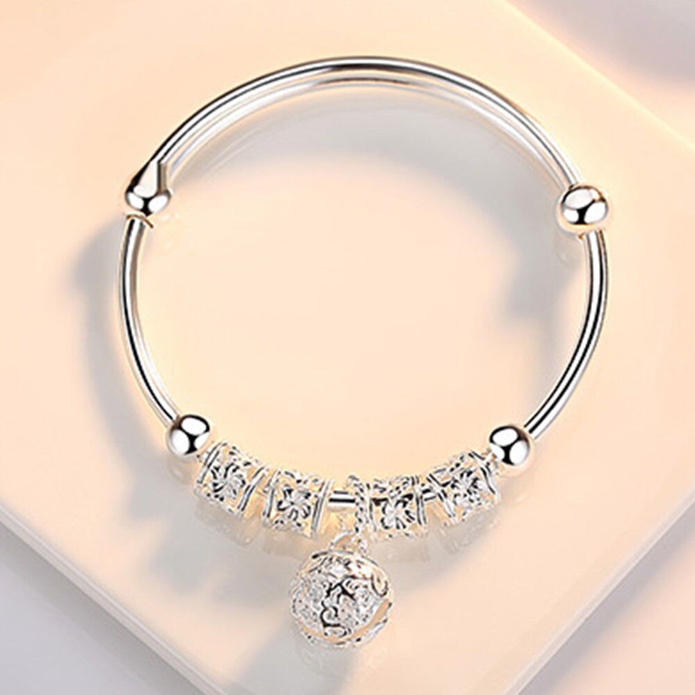 Vrouwen Sieraden Charm Kunstmatige Stone Bangle Manchet Armband Bal Bel Hangers Sliver 925 Sterling Zilver