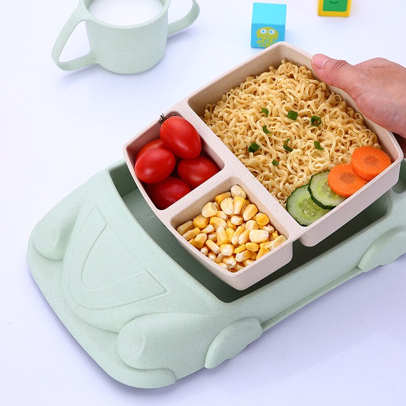 Children's Cartoon Car Baby Tableware Bamboo Fiber Children Feeding Shatter-resistant Grid Plate Set Wy1116