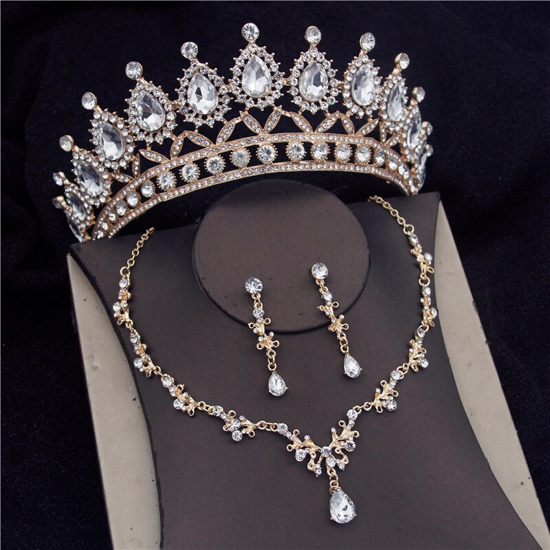Baroque Crystal Bridal Jewelry Sets for Women Prom Tiara Crowns Earring Necklace Bride Wedding Jewelry Set: Gold Sets