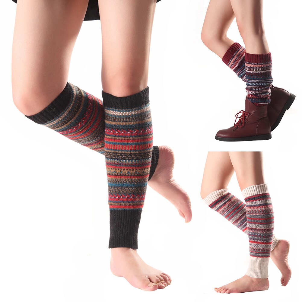 Women Striped Knitted Leg Warmers Winter Footless Knee High Boot Socks