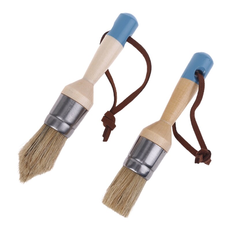 2Pcs Round and Pointed Chalk Paint Wax Brush Ergonomic Wood Handle Bristle Brush