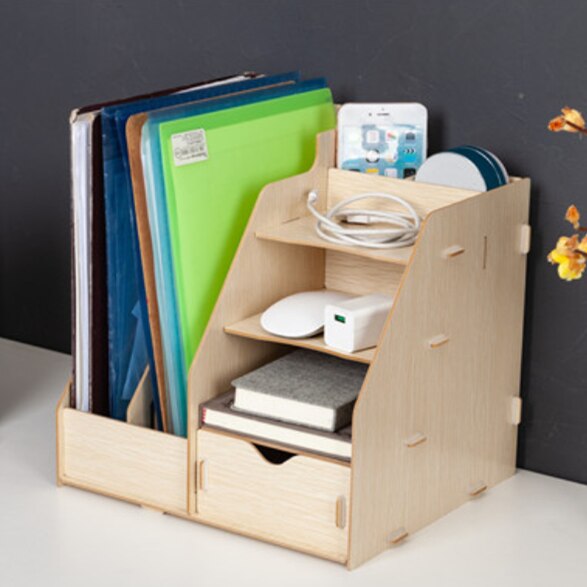 DIY Wooden Magazine Desk Organizers Book Holder Stationery Storage Holder Stand Shelf Rack Multifunctional Case: A-beige