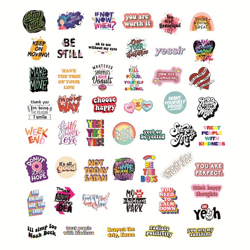 Pegatinas con frases inspiradoras de letras en inglés Kawaii, para ordenador portátil, teléfono, guitarra, papelería, accesorios de álbum de recortes, 10/50 Uds.