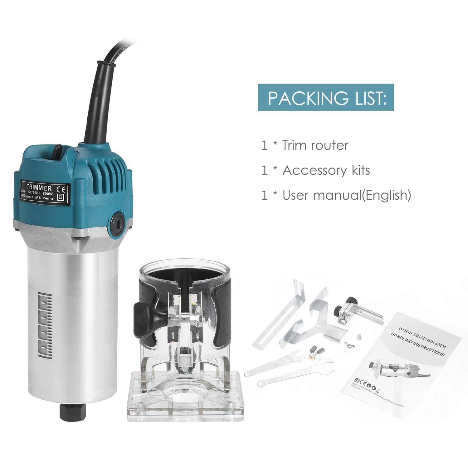 220V 800W Trim Router 30000r/min with Transparent Base Edge Guide Wood Laminate Electric Trimmer Compact Palm Router Corded