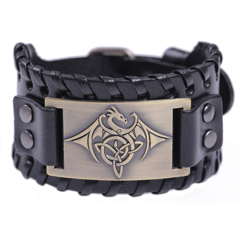 LIKGREAT Vintage Wicca Symbol Triqueta Pterosauria Dragon Charm Bracelets for Men Black Brown Leather Wrap Bracelet Cool Jewelry: 7