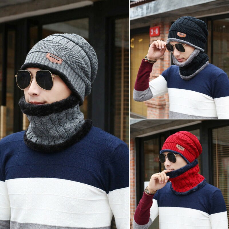Venda quente inverno tricô chapéu cachecol conjunto masculino cor sólida quente boné cachecóis masculino inverno ao ar livre acessórios chapéus cachecol 2 peças