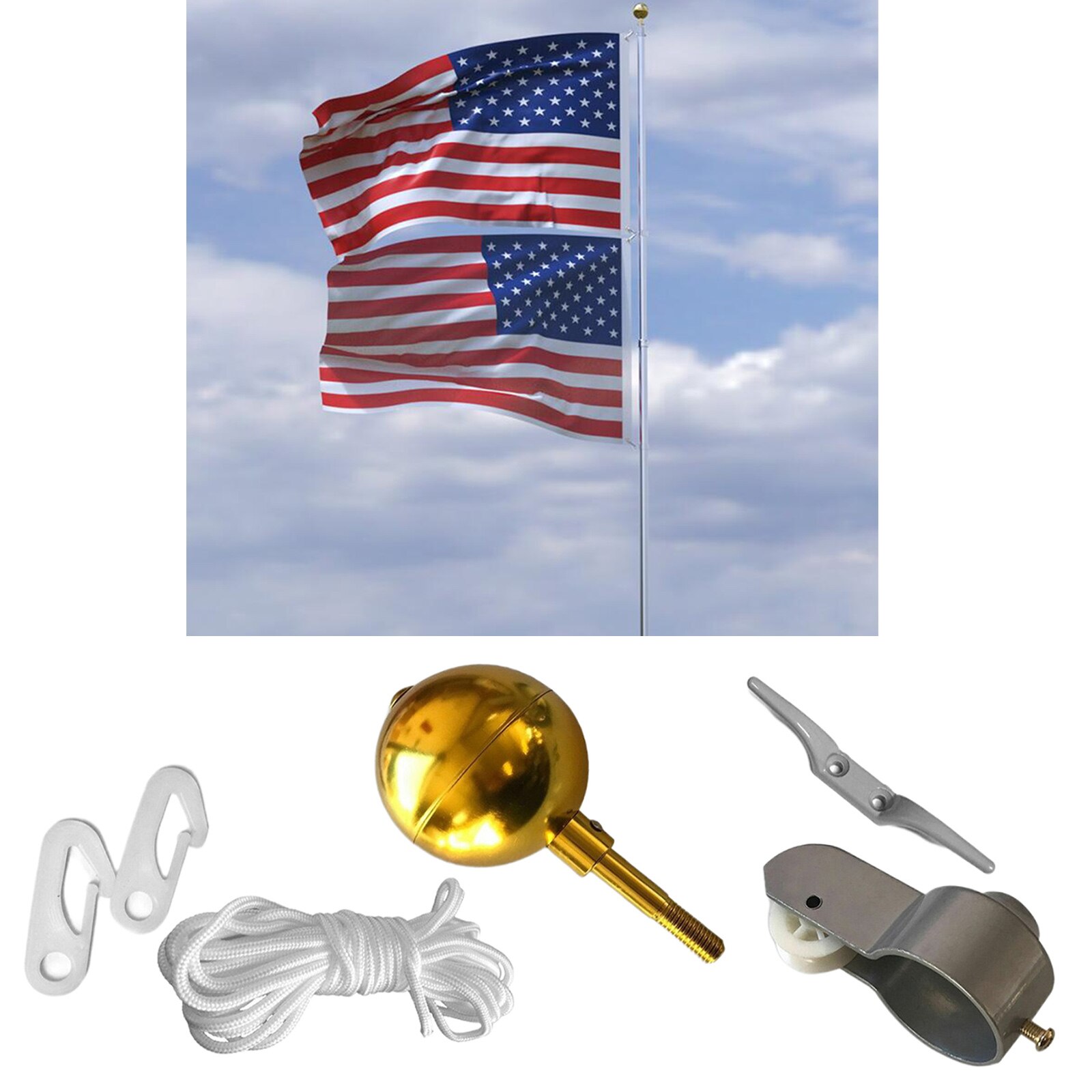 Flag Pole Hardware Repair Kit 3&quot; Ball Top Ornament Cleat Hook 4 Snap Hooks,