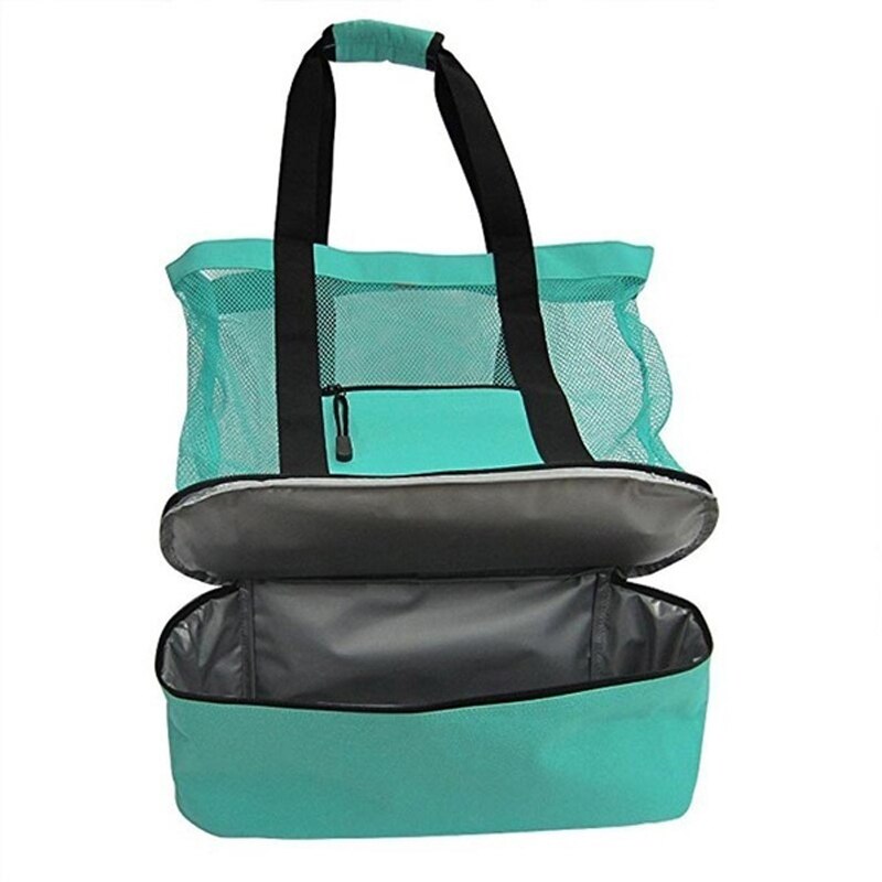 Outdoor Handheld Lunch Bag Cooler Picnic Bag Mesh Beach Tote Bag Food Drink Storage: green
