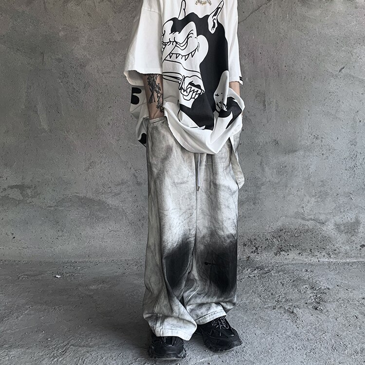 Mænd vintage graffiti printet denim bukser elastisk talje løse lige jeans bukser hip hop streetwear casual joggers jean bukser