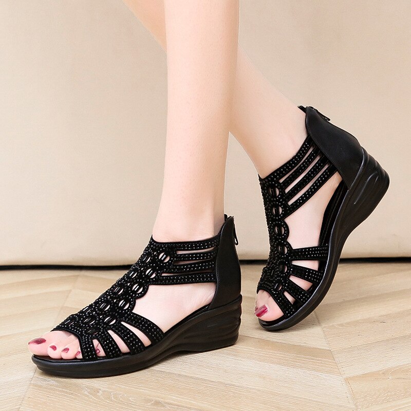 Women Crystal Rome Sandals 2022 Summer Woman Zip Wedges Ladies Comfortable Footwear Female Beach Shoes Women&#39;s Casual High Heels