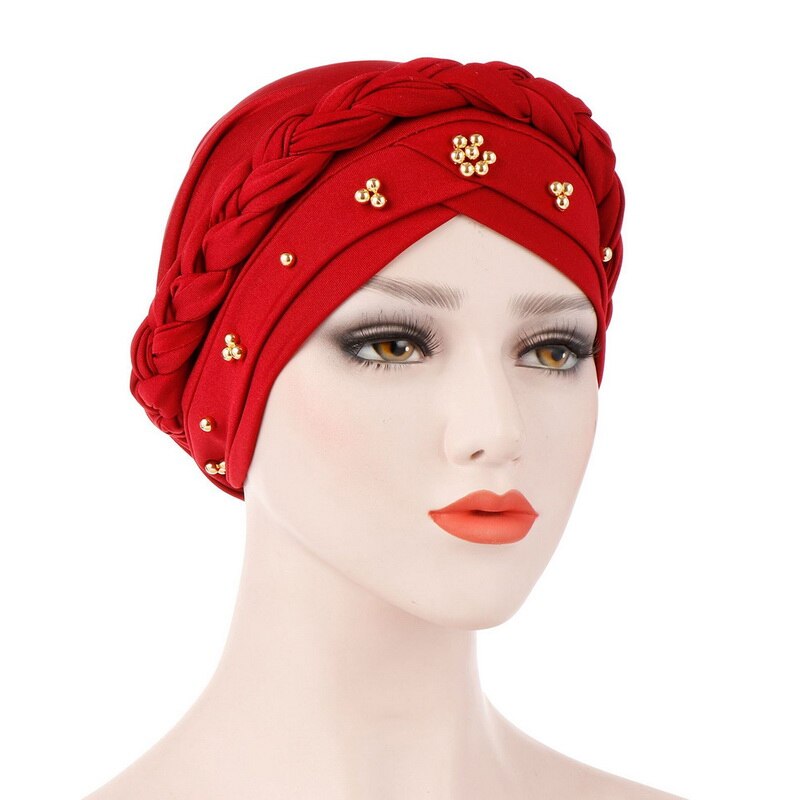 Kvinnor muslimska turban keps enfärgad bandanas pärlstav fläta pärlor dekor hatt: 10