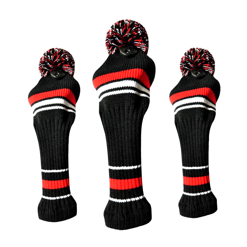 3Pcs Voor Driver Anti Scratch Golf Headcover Set Accessoires Big Pom Pom Sport Stofdicht Lange Hals Zachte Gebreide Beschermende golf: Black Red