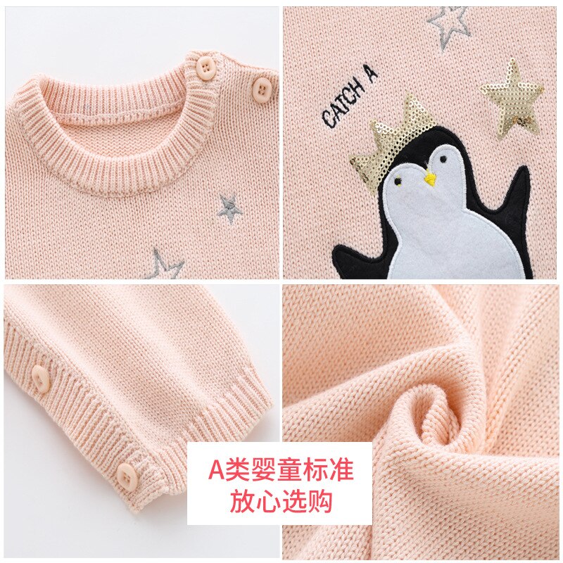 Winter Pasgeboren Baby Kleding Lange Mouwen Cartoon Borduren Pinguïn Roze Wollen Gebreide Trui Baby Boy Meisje Romper En Hoed Set