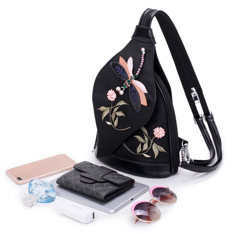 Mochila multifuncional bordada 3d libélula, bolsa de viagem portátil estilo oxford para meninas bolsa de ombro b573