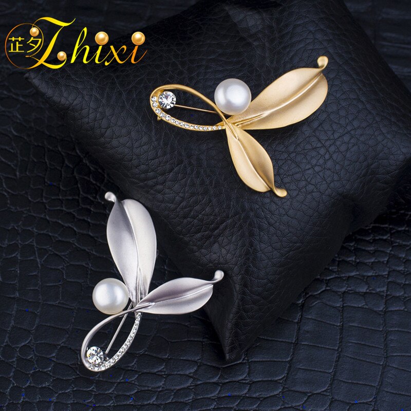 Zhixi perle brocher til kvinder smykker store ferskvands perle pins og brocher til klud trendy jubilæum blad  b13