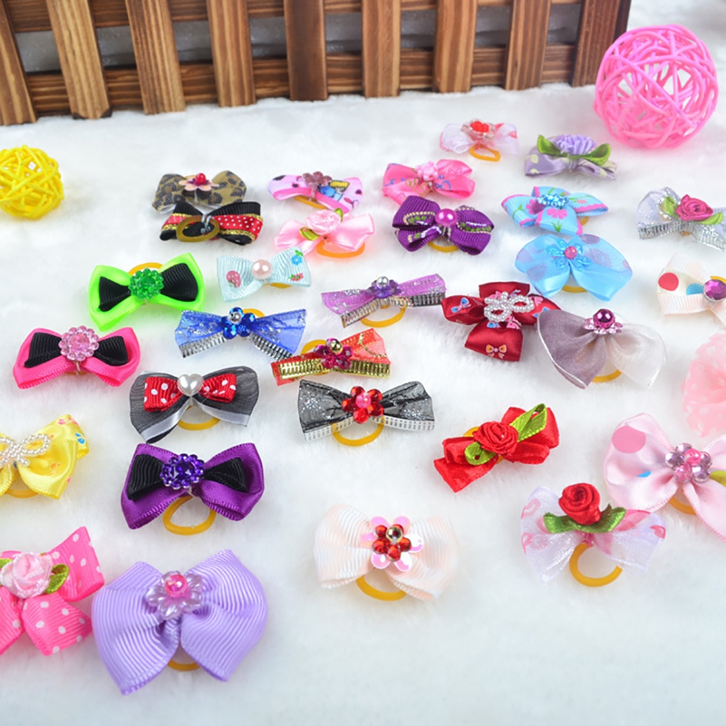 Cute Ribbon Puppy Medium Small Dog Hair Bows Random Colors Pet Hair Accessories Pearls Style Flower Pattern Dog Bows: Default Title
