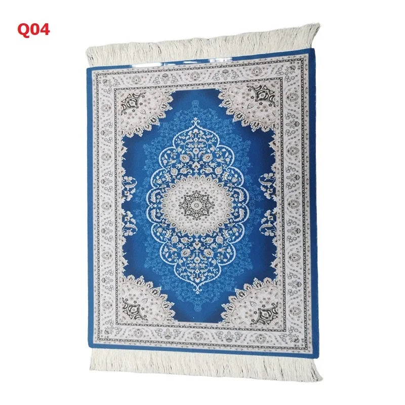 Persian Mini Woven Rug Mat Mousepad Retro Style Carpet Pattern Cup Laptop PC Mouse Pad with Fring Home Office Table Decor Craft: Navy Blue