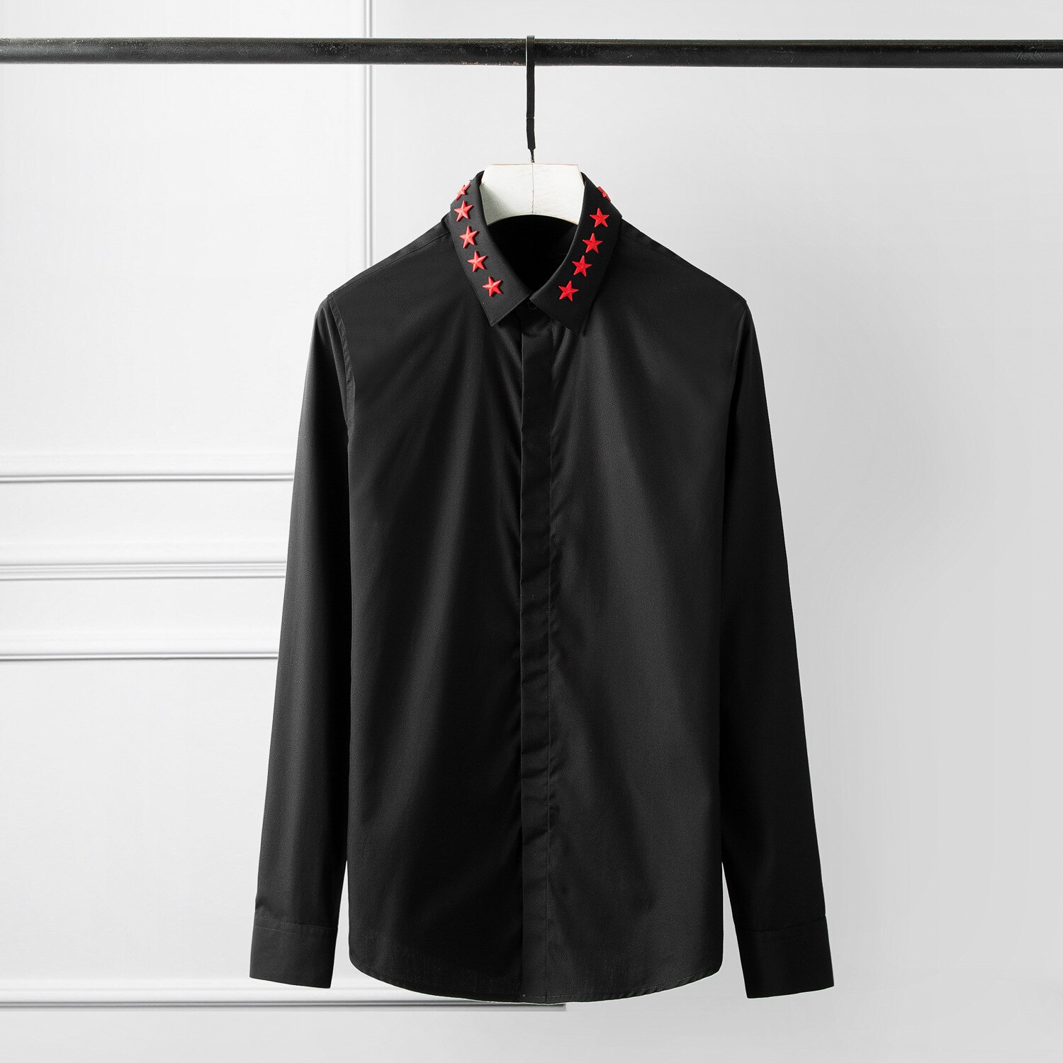 Heren overhemd luxe rode vlag vijf sterren klinknagel lange mouwen heren overhemden zwart wit casual overhemden man plus size 4xl