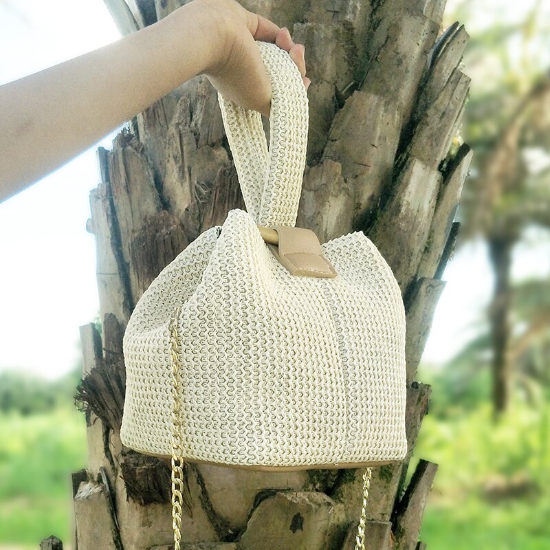 DAUNAVIA Women Woven Handbags Summer Beach Simple Casual Crossbody Mini Woven Bucket Bag Brand Ring Buckle